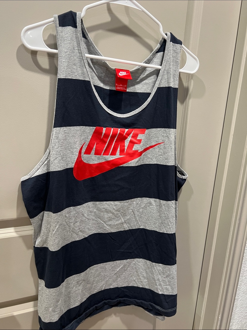 Nike Navy Blue and Gray Striped Tank with Red Logo 100% Cotton - Picture 3 of 6